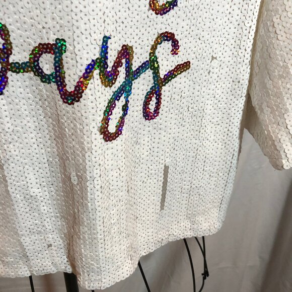 NWT Mainstray MEDIUM HAPPY ALWAYS White Sequin Crop Top 23.5" Pit to Pit - Picture 2 of 7
